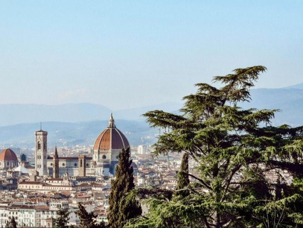 View of Florence and the Duomo from the hills through cypress trees