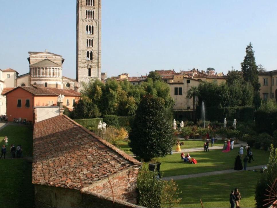 Palazzo Pfanner gardens and San Frediano bell tower in Lucca
