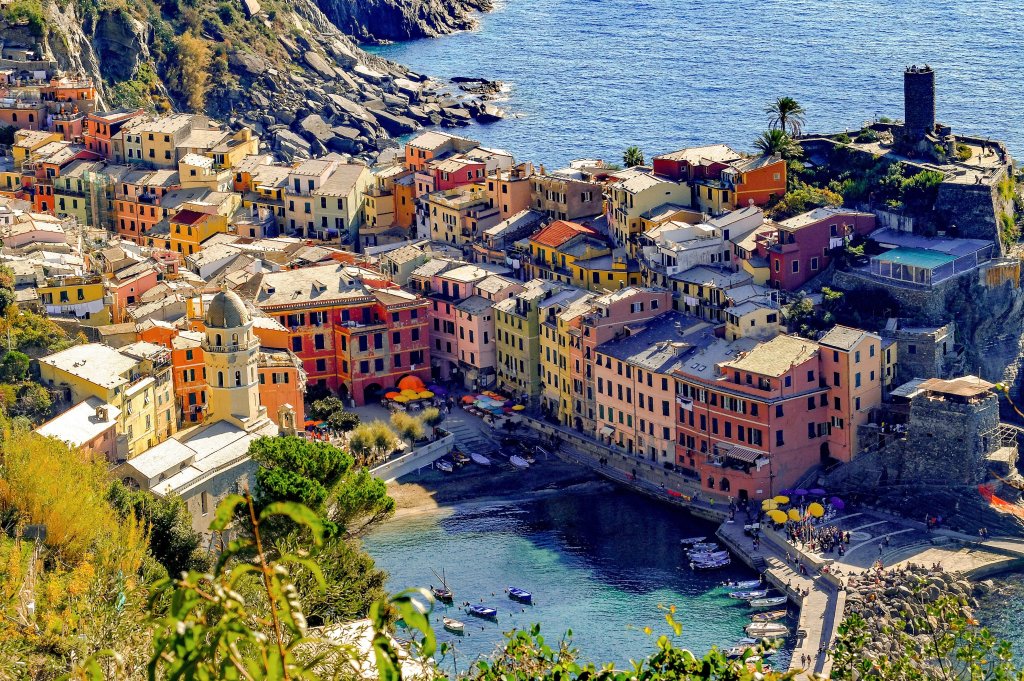 A colourful harbour village on the Italian Riviera seen from above