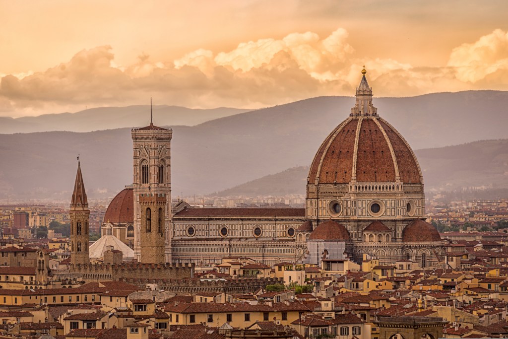 Florence Cathedral and Giotto’s bell tower at golden hour