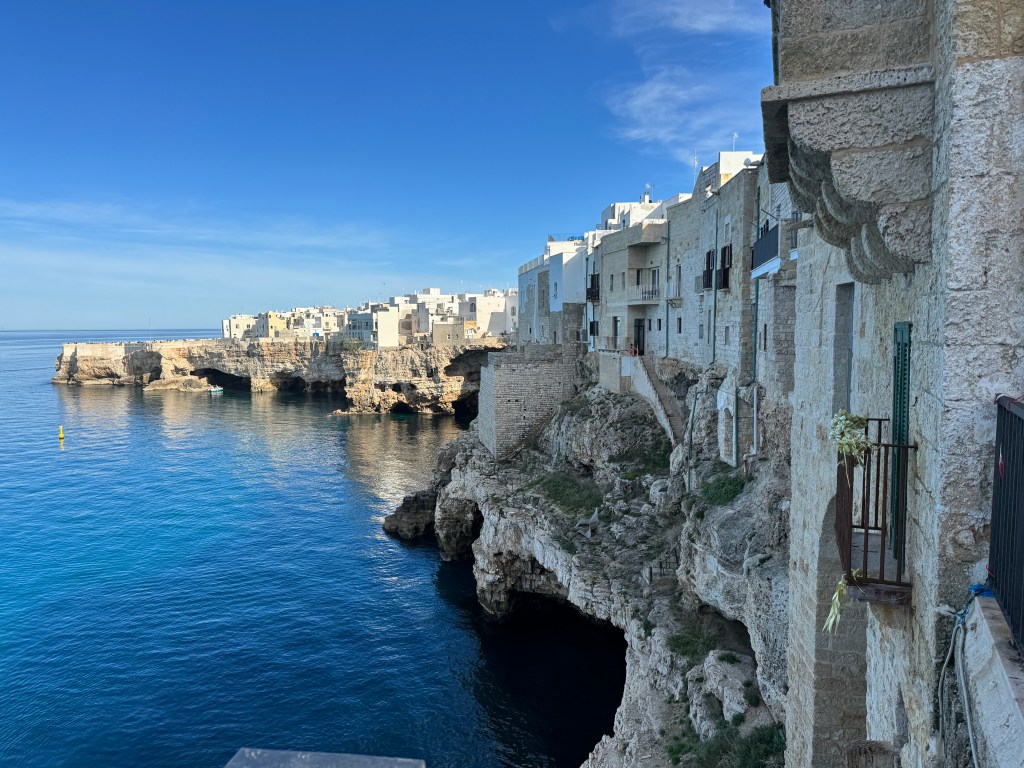 The white town of Polignano a Mare on its cliffs above the sea, Puglia