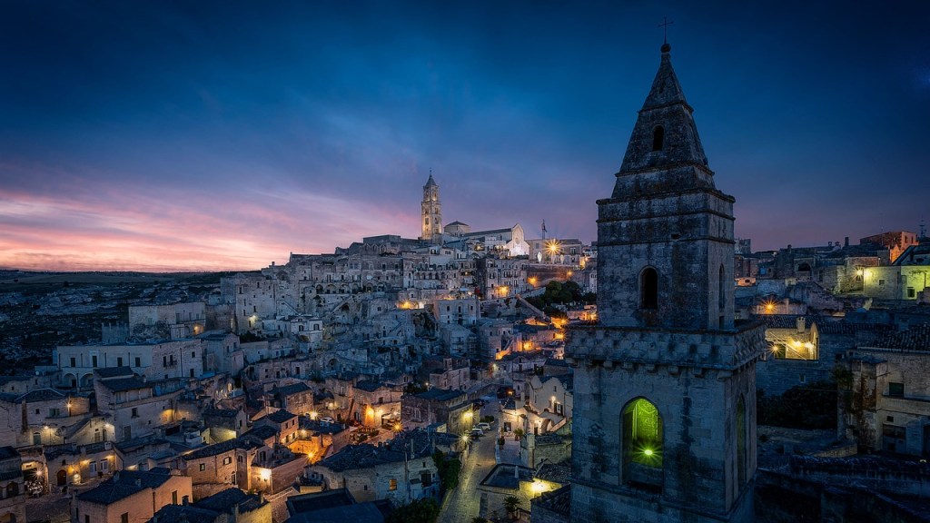 The ancient cave city of Matera at dusk